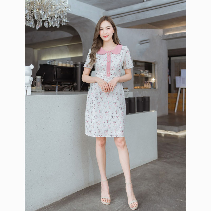 kudapy เดรสสั้นสีชมพู/สีฟ้า/สีน้ำตาล ลายดอกปกคอบัว ใส่เที่ยว ออกงานสวย ใส่สบายตัวมากๆ