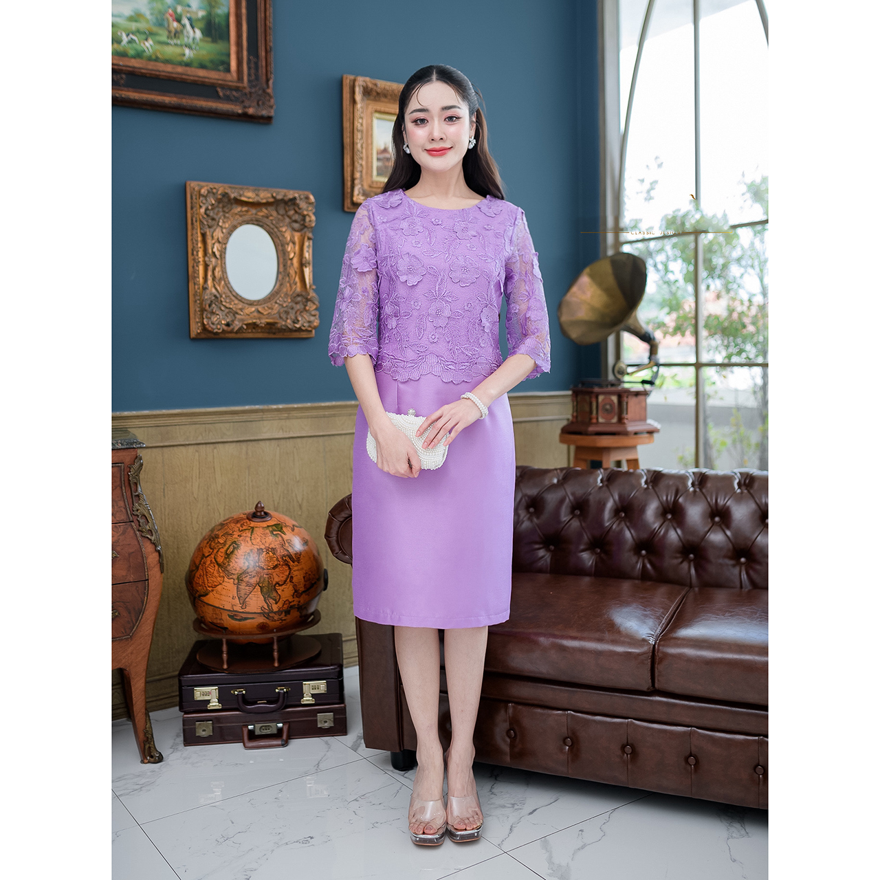 kudapy เดรสสั้นสีม่วง/สีกะปิ ผ้าไหมดีไซน์แขนศอก ลูกไม้ด้านบนเย็บคลุมเป็นเสื้อแต่เป็นเดรสชิ้นเดียว