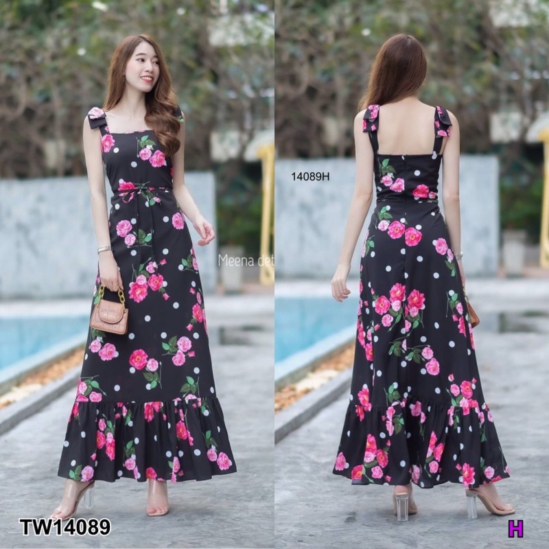 kudapy เดรสยาวสีขาว/สีดำ สายเดี่ยวติดโบว์ เพิ่มความเกร๋สวยหรู ตัวเดรสตัดต่อชายระบายด้านล่าง มีซัปใน