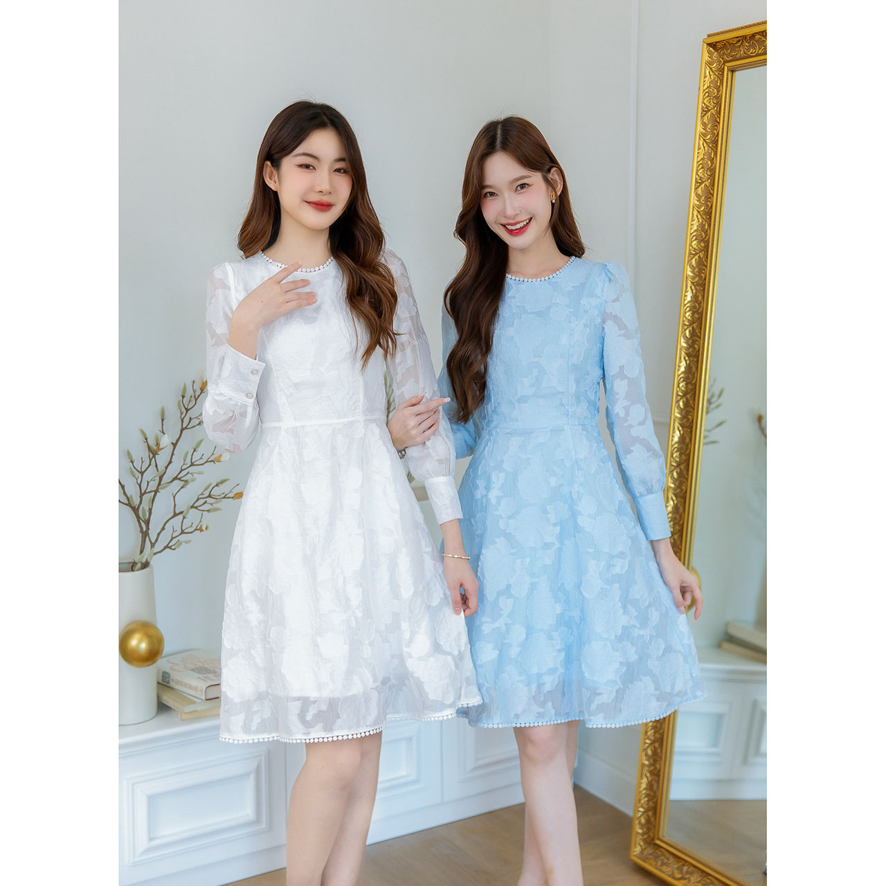 kudapy เดรสผ้าญี่ปุ่นแขนยาว เทคเจอร์ลายดอกมีมิติสวย น่ารักละมุน มีดีเทลแต่งลูกไม้ช่วงคอ