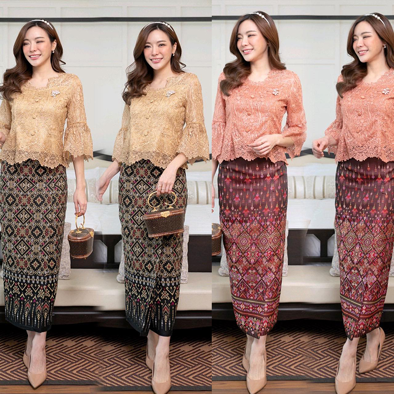kudapy เซ็ทเสื้อลูกไม้ใยบวบดอกลอยเกรดพรีเมี่ยมสีส้ม/สีทอง มาพร้อมกับผ้าถุง ผ้าไหมแพรวากาฬสินทร์สำเร็จรูปอัดกาวอย่างดี