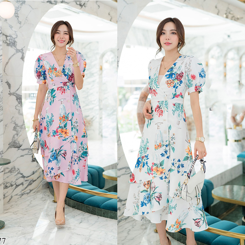 kudapy เดรสยาวสีชมพู/สีขาว ป้ายหน้าหางปลาสวยดูดีใส่สบายมากๆ