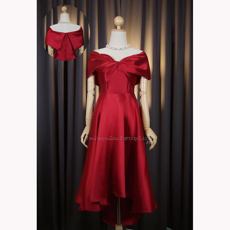 kudapy เดรสหน้าสั้นหลังยาวสีเขียว ทอง เทา ชม กรม แดง โรสโกล ขาว เปิดบ่าTwistอกใหญ่ ปิดพรางซ้อนแขน แบบอลังๆ แต่ไม่เวอร์วัง กระโปรงทรงหน้าสั้นหลังยาว