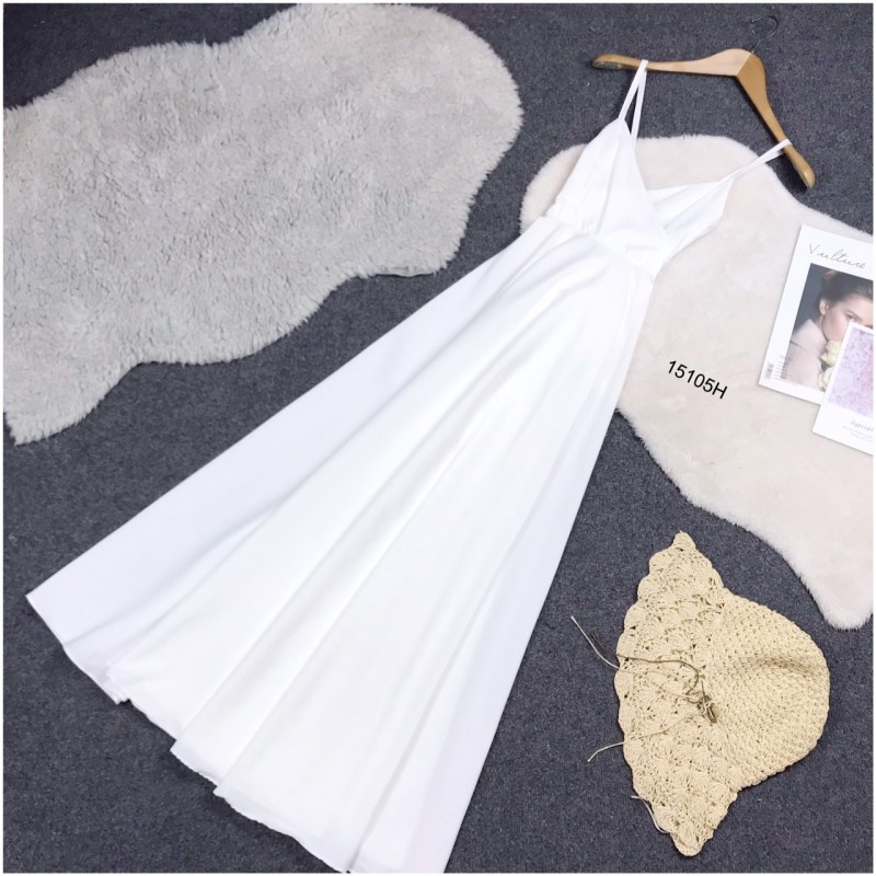 kudapy เดรสยาวสีฟ้า/สีขาว สายเดี่ยวผูกโบว์หลัง ผ้าไหมอิตาลี่ สีพื้น กระโปรงทรงบานฟรีไซต์สุดๆ