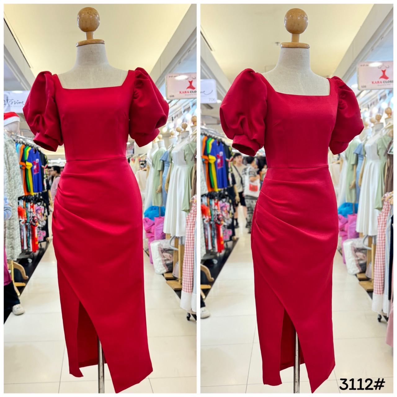 kudapy เดรสขอเหลี่ยม แขนพอง ตุ๊กตา จับจีบเอว-สะโพก กระโปรงทรงสอบ เก็บทรง ดีเทลกระโปรงป้ายผ่าข้าง