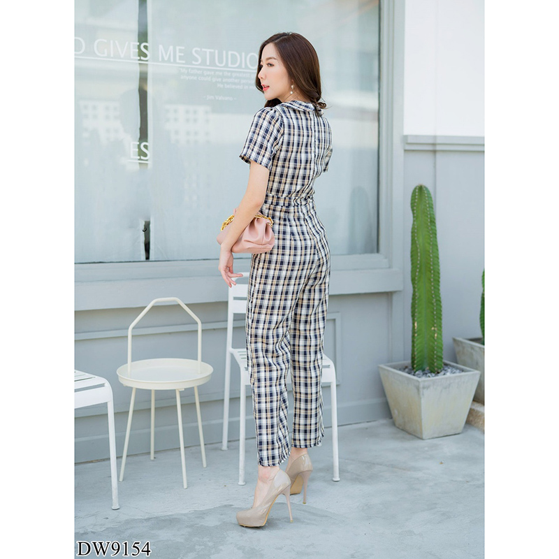 kudapy จั้มสูทขายาวคอวีสีกรม/สีชมพู/สีดำ ปกสูทขายาวลายสก๊อต