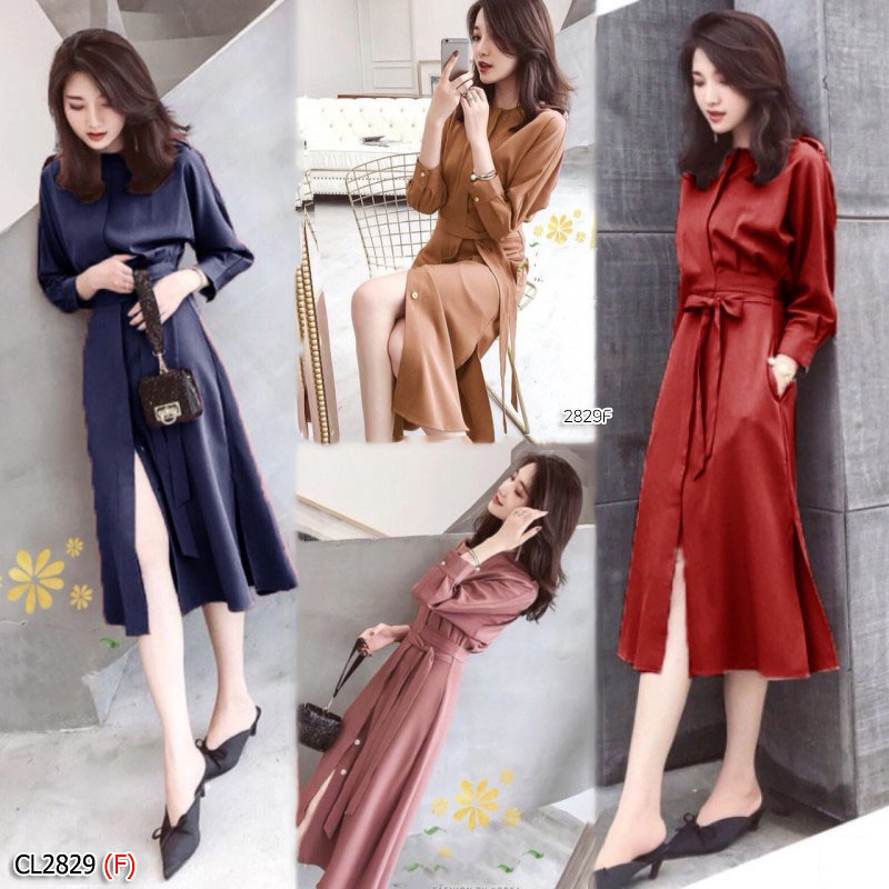 kudapy เดรสยาวสีแดง.ชมพู.น้ำตาล.กรม,ชมพูเข้ม,เทา สีพื้น ความยาวกำลังดี ติดกระดุมด้านหน้าแหวกด้านหน้า ชายกระโปรงผ่าข้าง