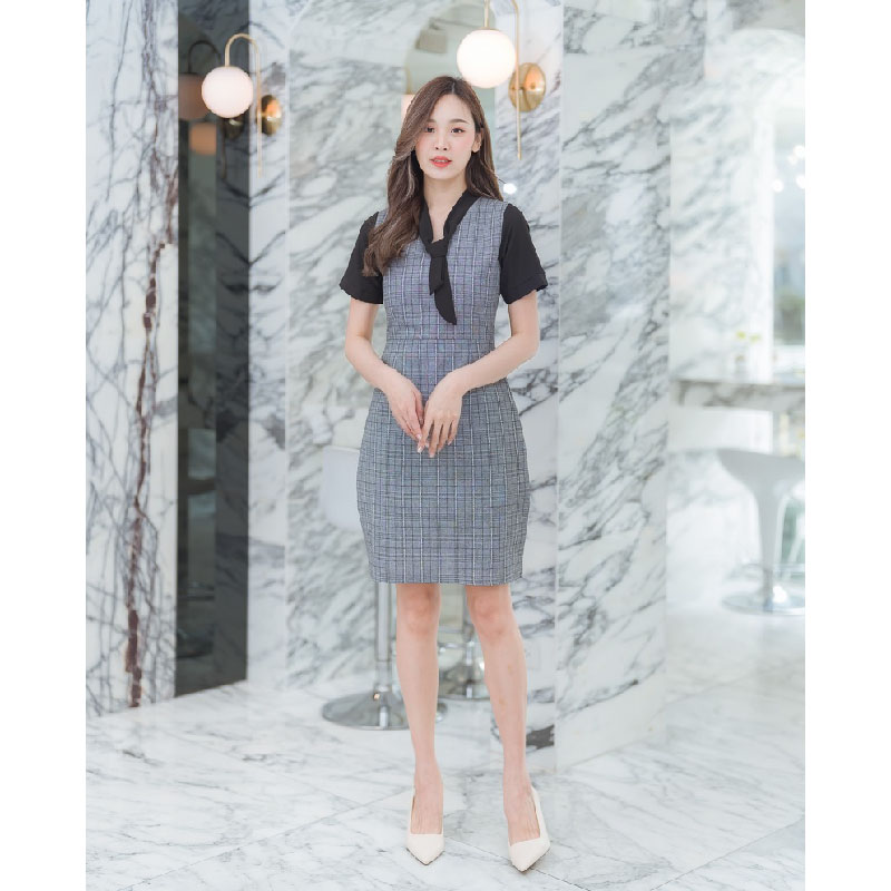 kudapy เดรสสั้นสีดำ/สีน้ำตาล/สีกรม ลายสก๊อตแขนตุ๊กตา