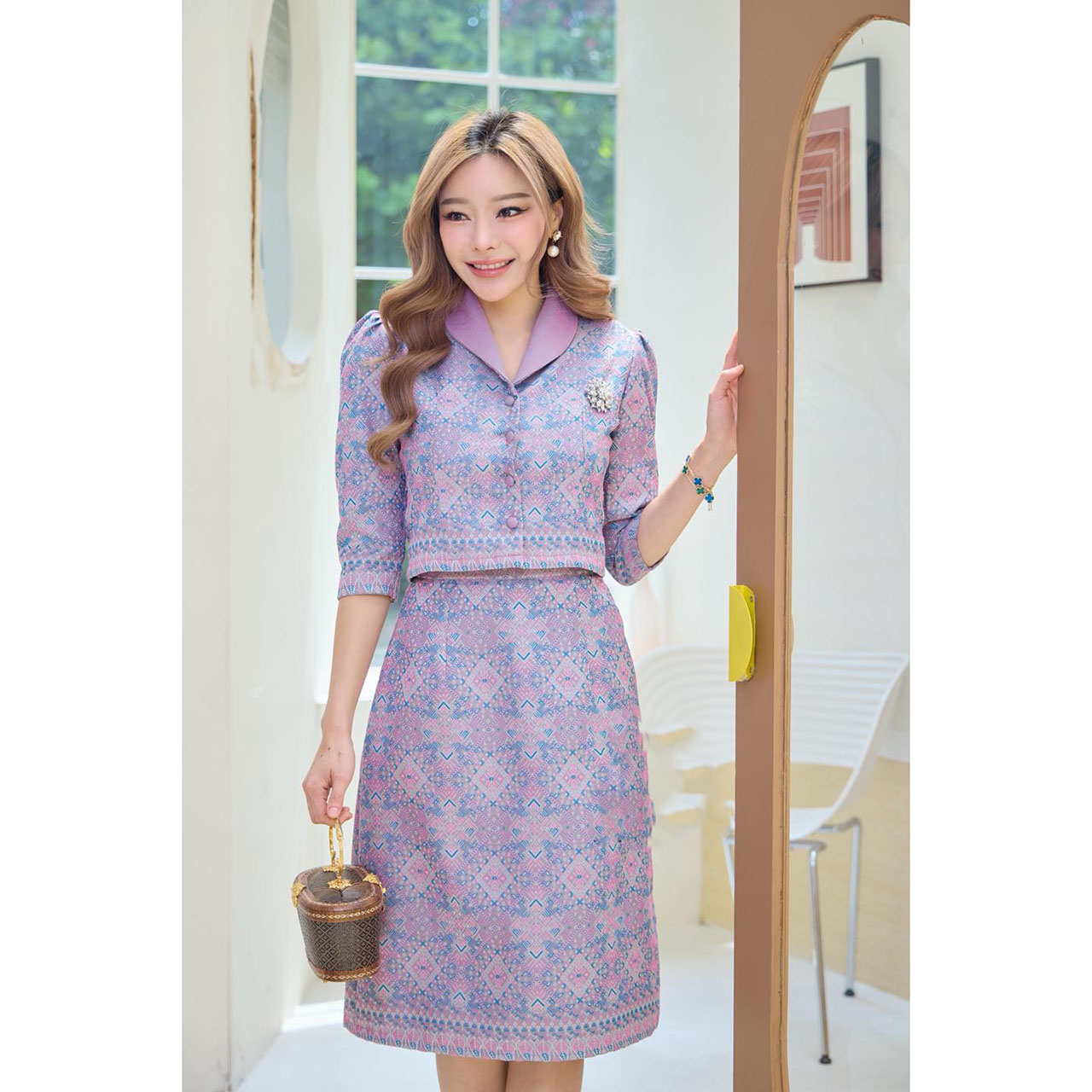 kudapy เซ็ทผ้าฝ้ายทอลายกาฬสินธุ์ คอปก กระดุมหน้า มาพร้อมกับกระโปรงทรงเอสุภาพ