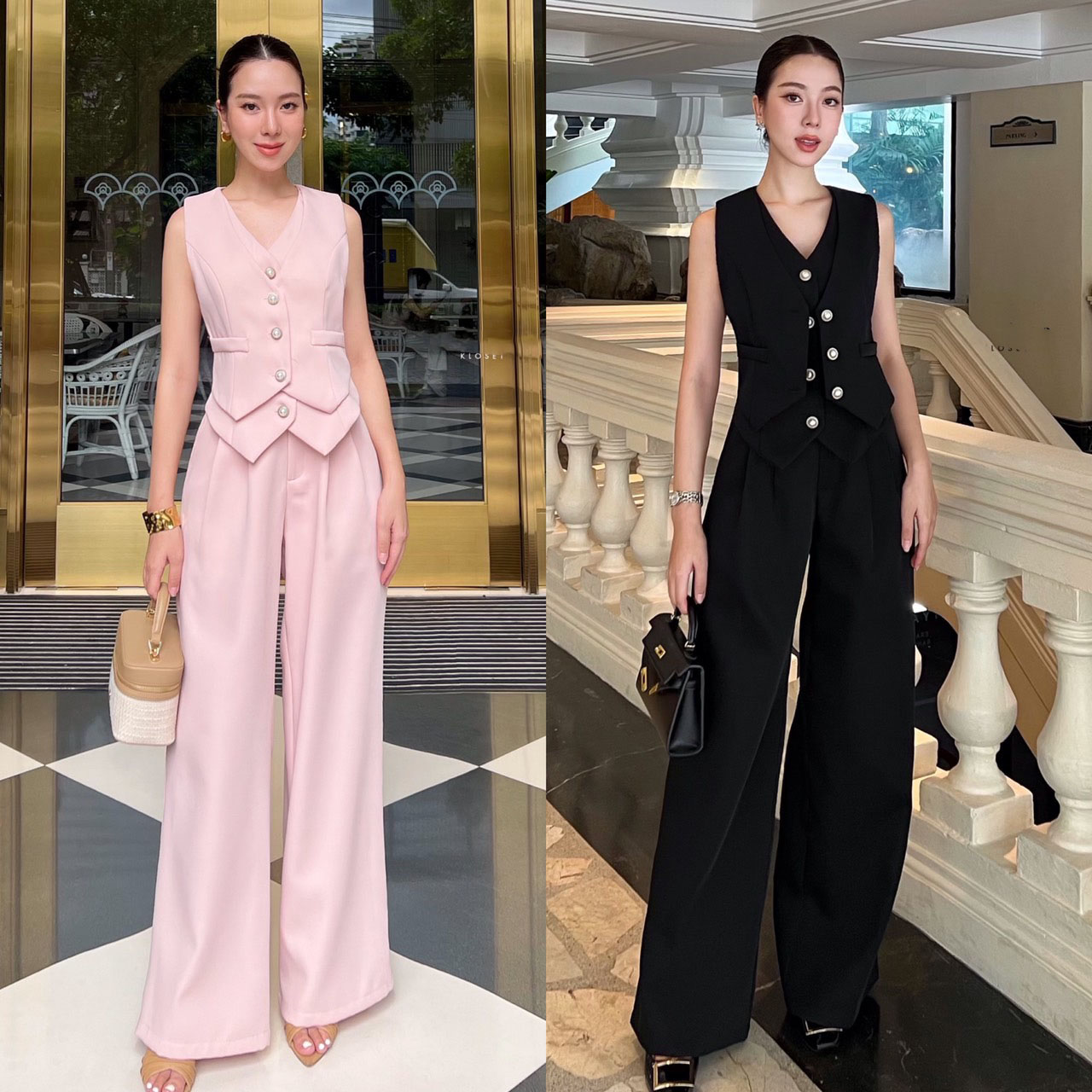 kudapy เซ็ทเสื้อแขนกุดทรง vest เย็บดับเบิ้ล 2 ชั้น กางเกงขายาวทรงปล่อย ตัวเสื้อแต่งกระดุมจริงปลายทรงแหลม