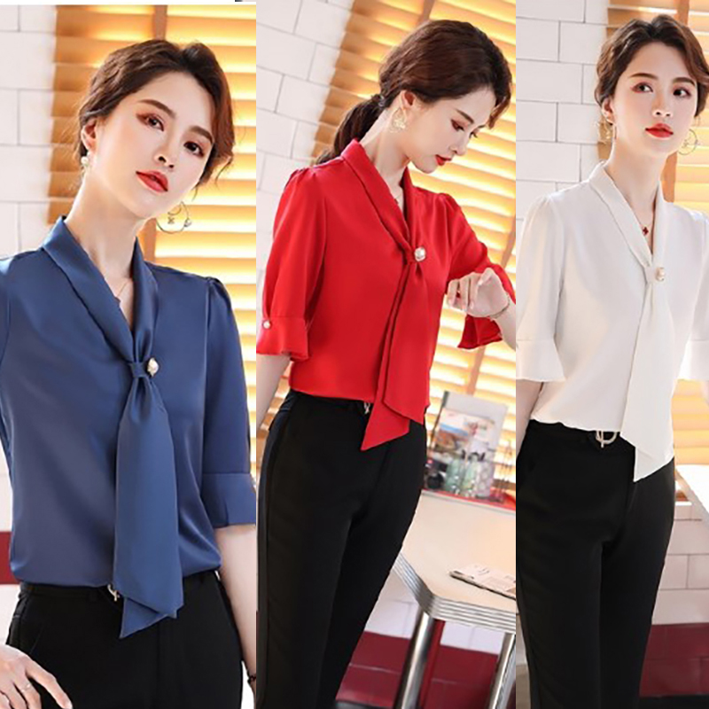 kudapy เสื้อแฟชั่นผู้หญิง แขนสามส่วน สีแดง สีขาว สีน้ำเงิน ใส่มำงานสบายตัวผ้านิ่ม
