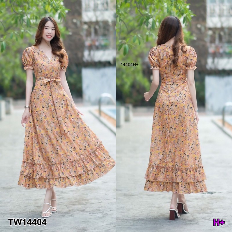 kudapy เดรสยาวสีดำ/สีน้ำตาล/สีเหลือง แขนตุ๊กตา คอวี ผูกโบว์เอว ชายเดรส2ชั้นแต่งระบายๆ