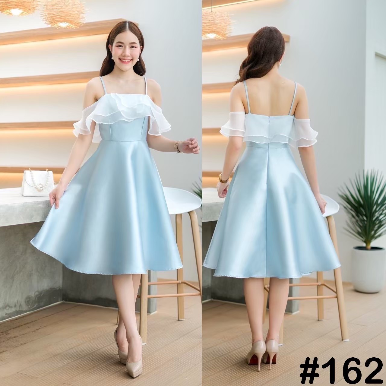 kudapy เดรสสั้นสายสปาเกตตี้ แต่งผ้าแก้วระบายไขว้อก สวยหวานพรางแขน กระโปรงทรงเอ