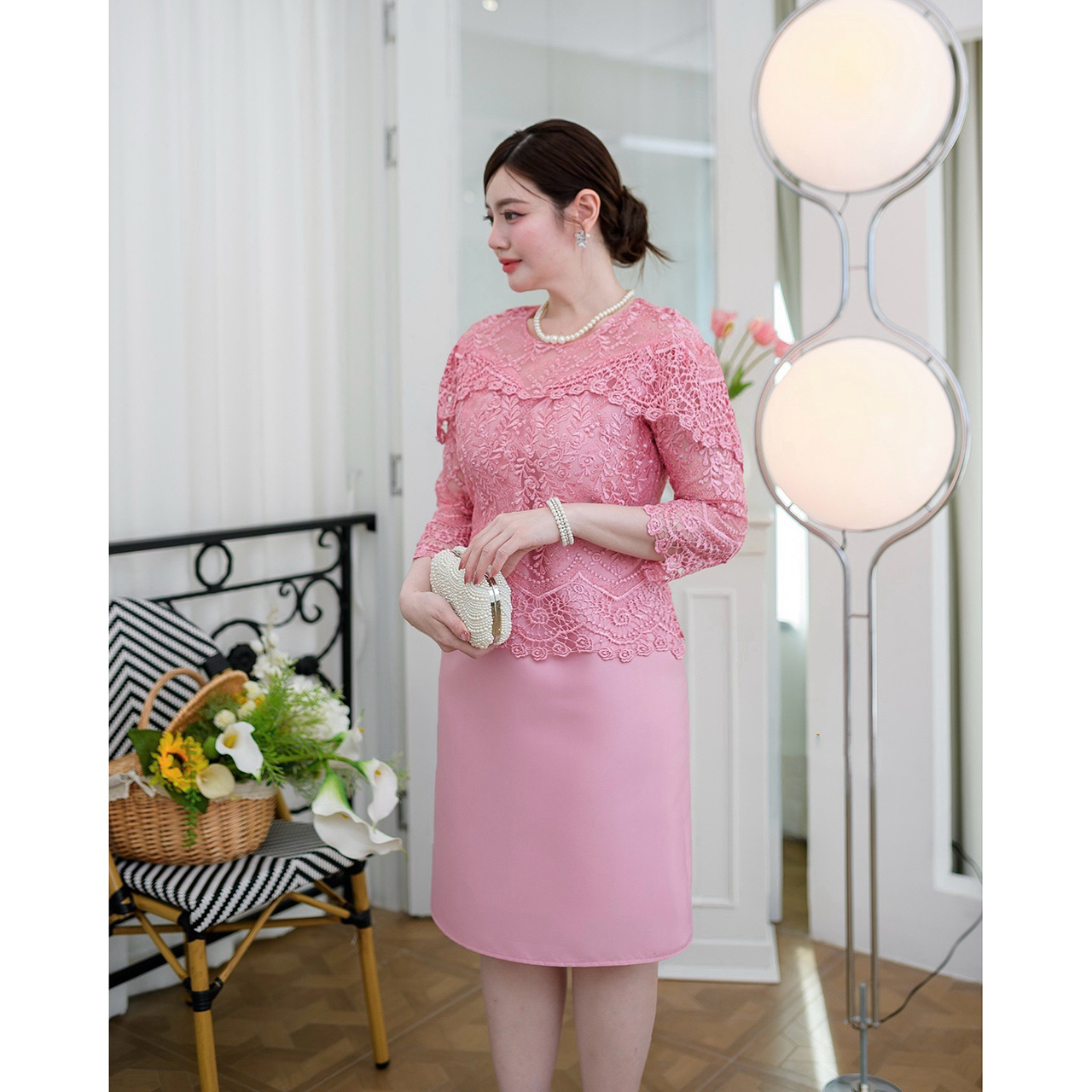 kudapy เดรสผ้าไหมลูกไม้แต่งไหล่ระบายแบบสวยเก๋ งานแขนห้าส่วนลูกไม้นิ่มไม่ระคายผิว