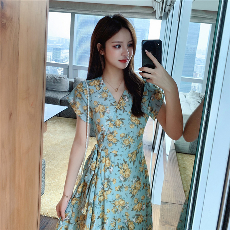 kudapy ชุดเดรสสีฟ้าอมเขียว,สีชมพู ใส่ทำงาน ผ้าชีฟองพื้น พิมพ์ลายดอกกุหลาบ