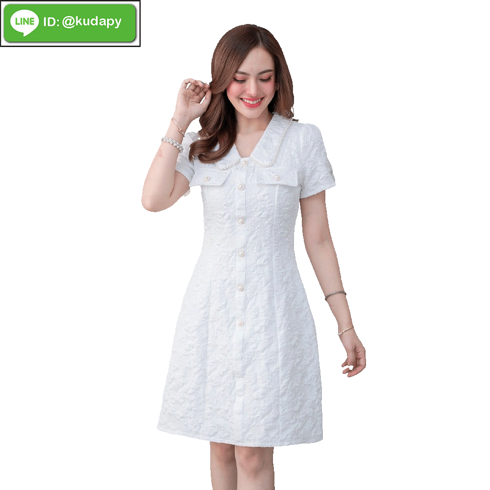kudapy เดรสสั้นใส่ทำงาน เดรสสั้นคอบัวสีชมพูตุ่น สีขาวสด แต่งกระเป๋าหน้าและกระดุมหน้าตามแบบ ดีเมลใส่ง่ายไม่ร้อน ผ้าลายนูนงานสวยมากๆค่ะ