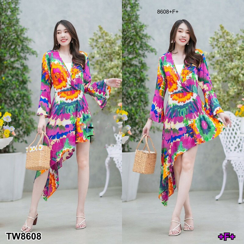 kudapy เดรสสั้น ชายเฉียงระบายชายหางปลาแบบจัดเต็ม ผ้าพริ้ว แขนยาวปลายแขนระบาย