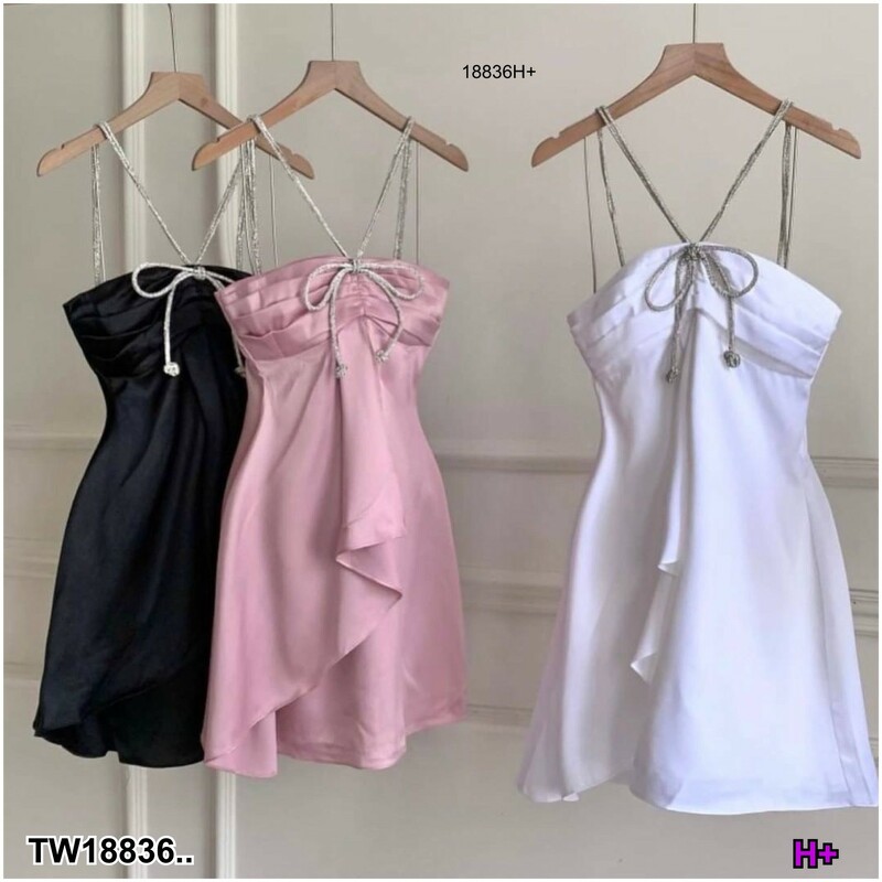 kudapy เดรสสั้นสีขาว ชมพู ดำ โอรส แดง สายเพชรแต่งโบว์หน้าอก ซิปหลัง มีฟองน้ำ