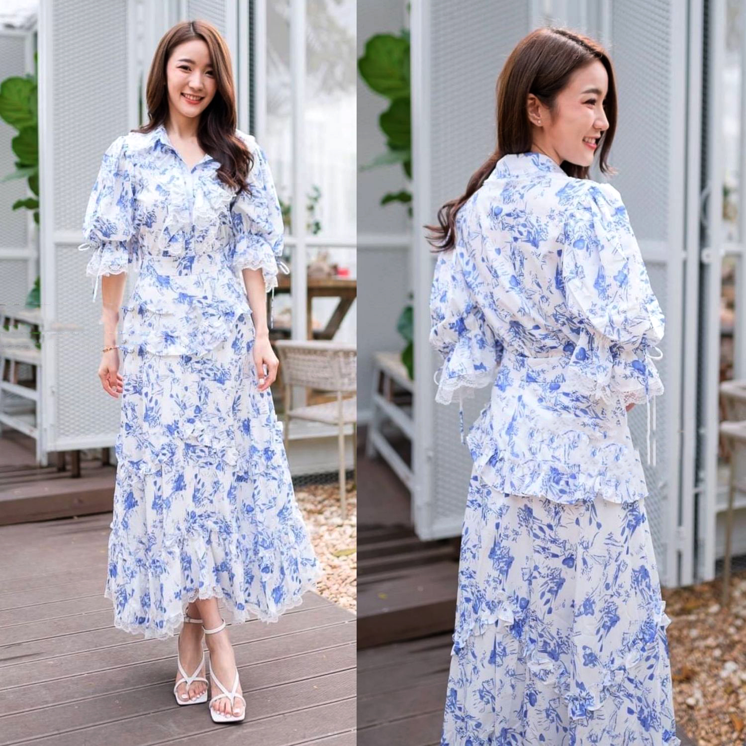 kudapy เดรสยาวคอปกพื้นสีขาวพิมพ์ลายสีน้ำเงิน กระดุมหน้า แขนตุ้กตา เก็บเอวสวยเข้ารูป เดรสบานยาวสลวยมากค่ะ