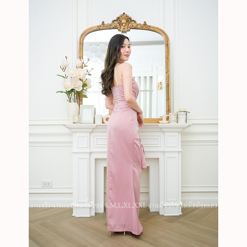 kudapy เดรสยาวสีชมพู/สีนู้ด/สีแดงเลือดหมู คล้องคอสายเพชร ผ้าเครปซาตินซับในทั้งชุด ชุดราตรีพรีเมี่ยม