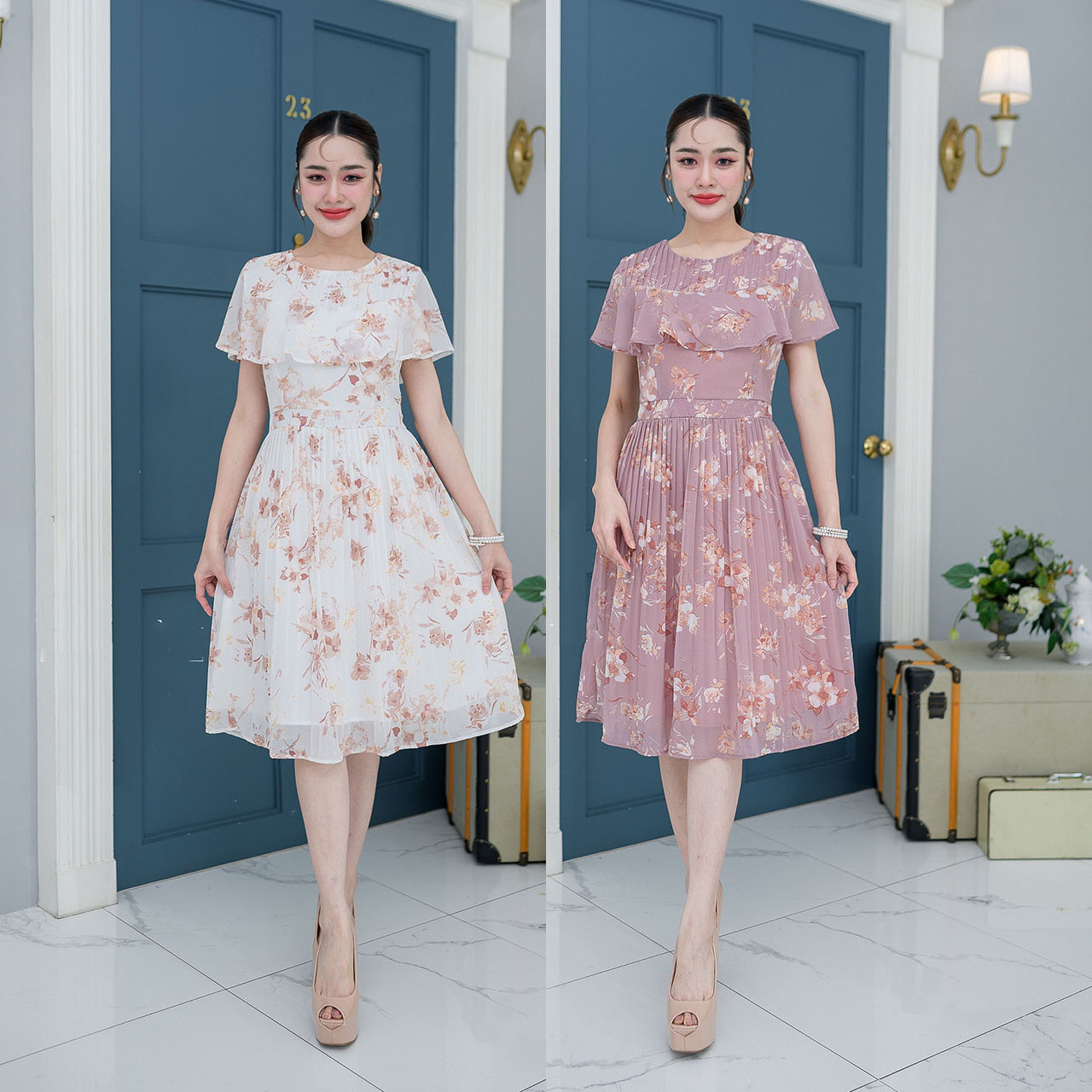 kudapy เดรสสั้นสีครีม/สีชมพูม่วง ผ้าชีฟองลายดอกทรงน่ารัก ช่วงอกระบายรอบตัวคลุมแขน เอวต่อ
