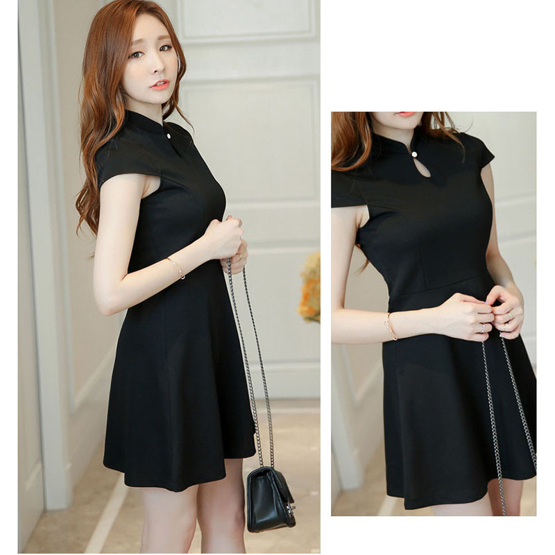 kudapy ชุดเดรสสั้นสีดำ แฟชั่นคอจีนแบบสวยหวานเรียบร้อย