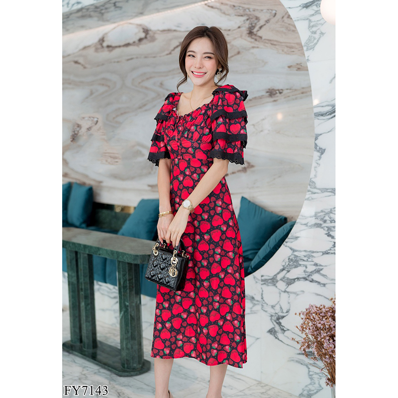 kudapy เดรสยาวสีขาว/สีดำ แขนระบายชั้น ใส่สบายสวยดูดีน่ารัก