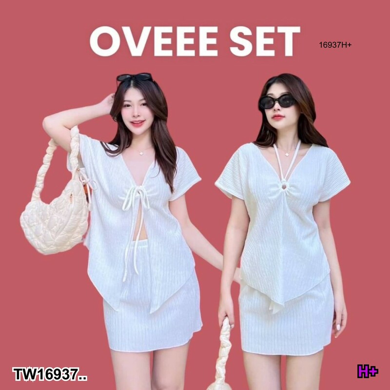 kudapy เซต 2 ชิ้น เสื้อ คอวี คล้องคอ หรือ ผูกอก + กระโปรงสั้น