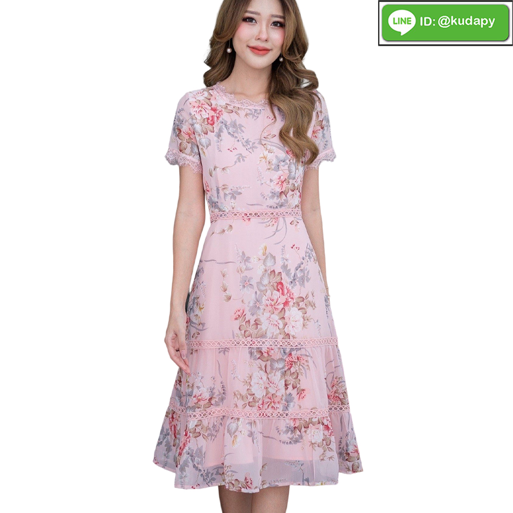 kudapy เดรสสั้นคอกลมแขนสั้นสีชมพู สีเหลือง สีกรมท่า เดรสผ้าชีฟองพิมพ์ลายสวยหวาน มีซิบหลัง ซับในอย่างดีค่ะ