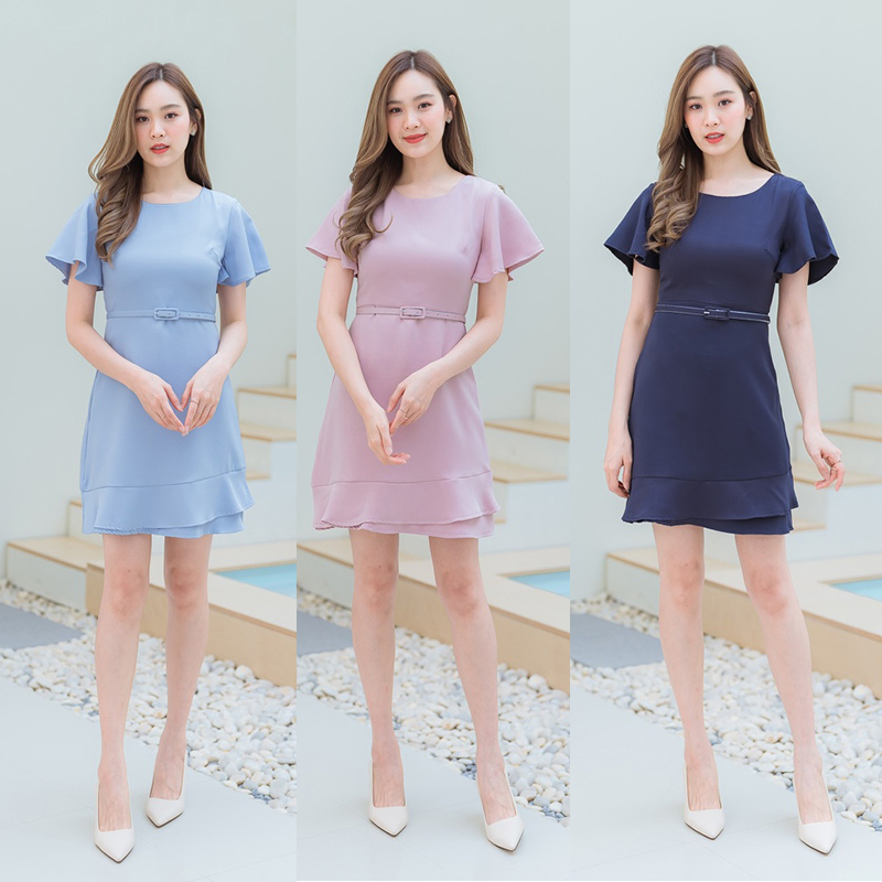 kudapy เดรสสั้นแขนระบายสีชมพู/สีฟ้า/สีกรม ระบายแขนสีพื้นผ้านิ่มใส่สบายสวยดูดี