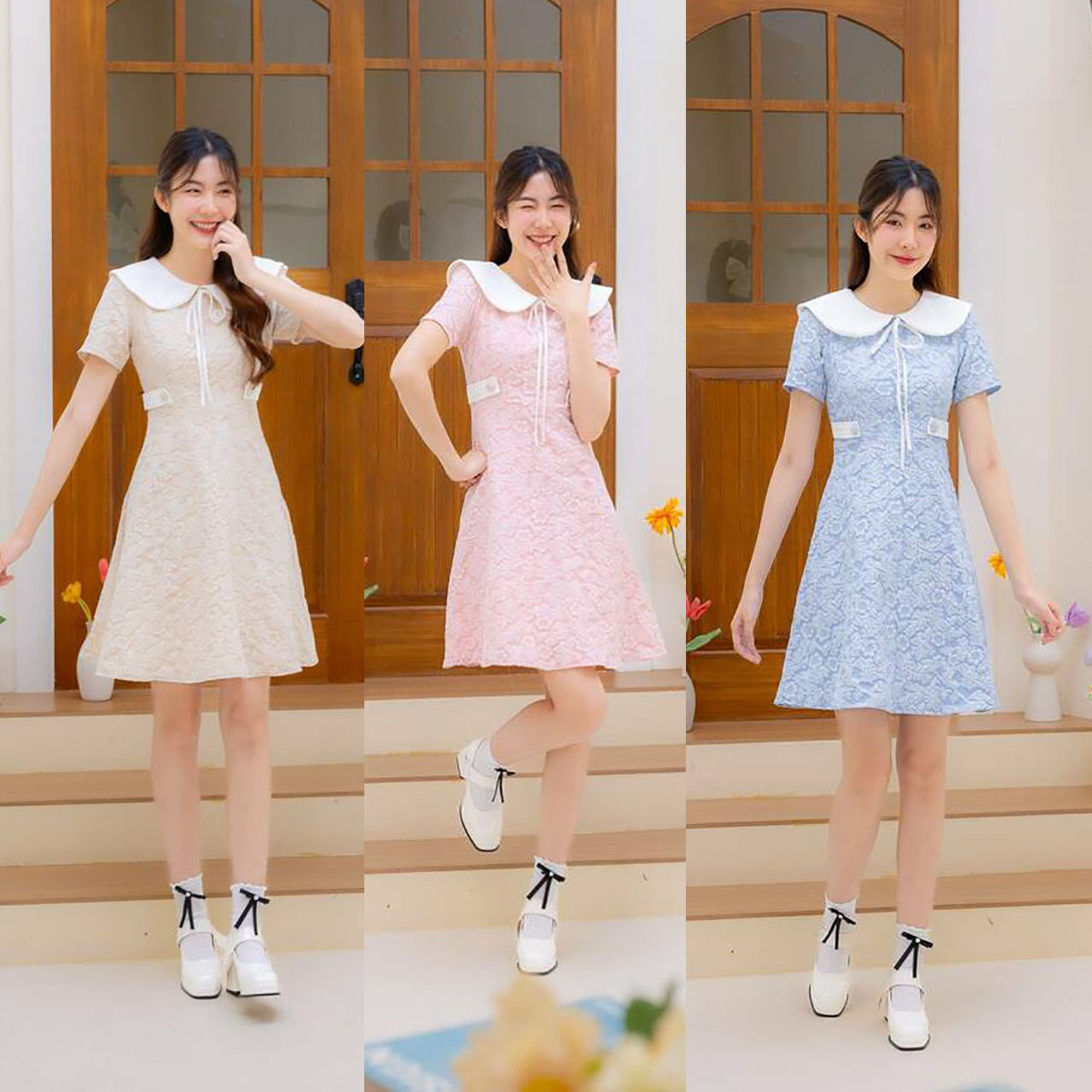 kudapy เดรสสั้นสีชมพู สีน้ำตาล สีฟ้า คอปกแจคกาดคาดเอว