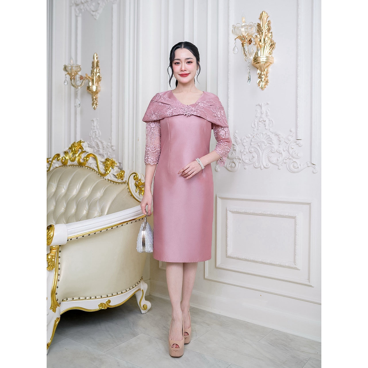 kudapy เดรสผ้าไหมโอบไหล่ งานผ้าสวยพรีเมี่ยมสุดๆ ลูกไม้คัดเกรดดอกสวยชัด