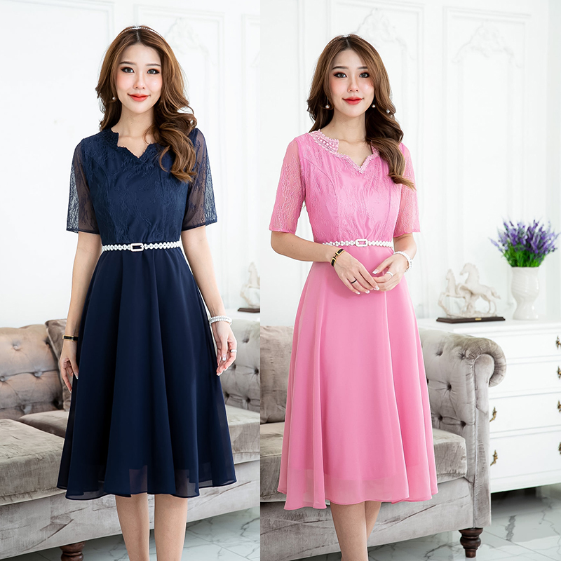 kudapy เดรสสั้นสีชมพู/สีกรม ลูกไม้ ผสมผสานผ้า chiffon ดีไซน์ชุดด้านบนเป็นผ้าลูกไม้เนื้อบางทรงแขนสั้น