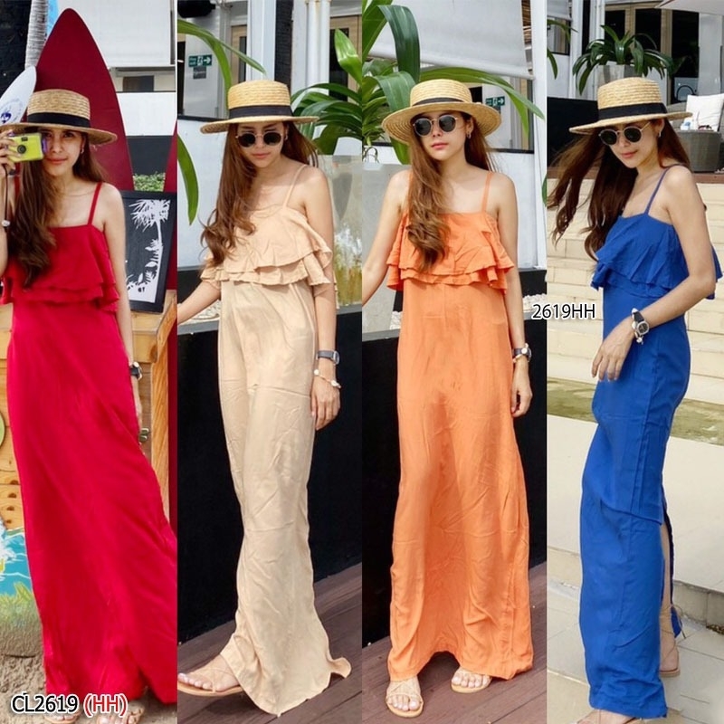 kudapy Maxi Dress เดรสสายเดี่ยว สีฟ้าน้ำเงิน,สีแดง,สีครีม ,สีส้ม แต่งระบายสองชั้นช่วงอก งานซิปหลัง เนื้อผ้าสปัน ผ้านิ่มใส่สบายไม่ร้อน รีดง่าย ทรงสวยมากใส่แล้วดูเพรียวสุดๆไปเลยจ้า