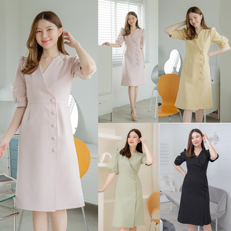 kudapy เดรสสั้นสีชมพูอ่อน,สีเหลือง,สีเขียว,สีดำ,สีชมพูนู้ด,สีแดงไวน์ ผ้านาโนเนื้อดี คอวีแขนตุ๊กตา