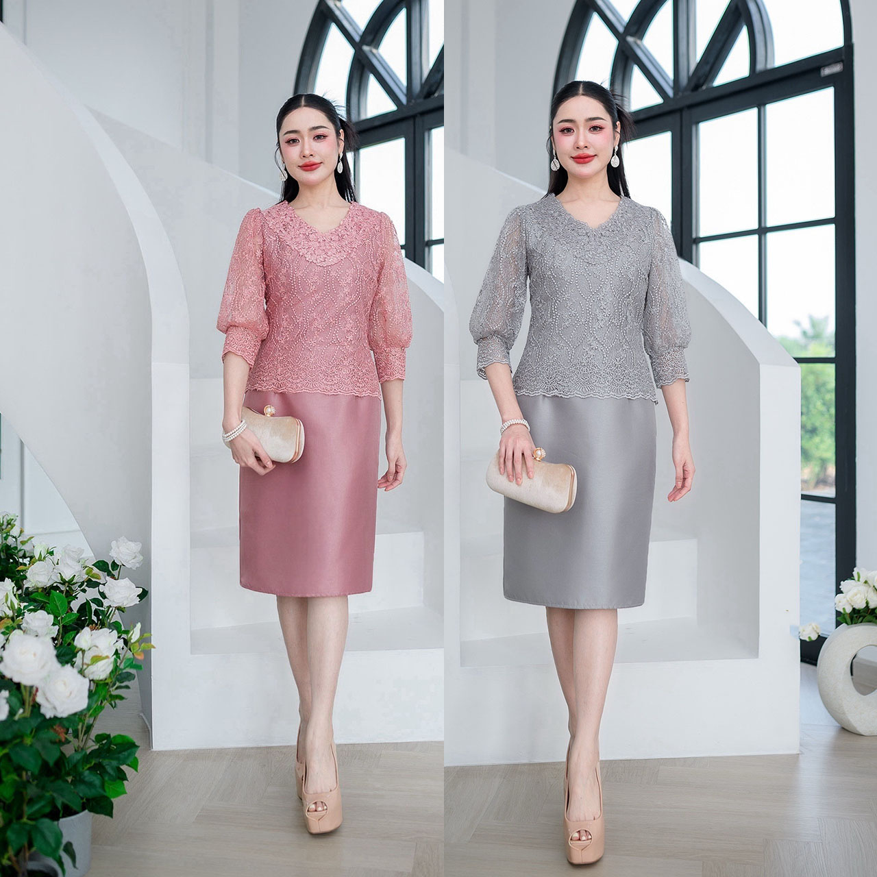 kudapy เดรสผ้าไหมออกงานรุ่นนี้สวยหรูดูสุภาพ งานผ้าลูกไม้ใยบวบ คอวีแต่งลูกไม้รอบคอด้วยลูกไม้ แขนเสื้อเป็นแขนพองบอลลูนแบบจั้มปลายแขนทรงสวย