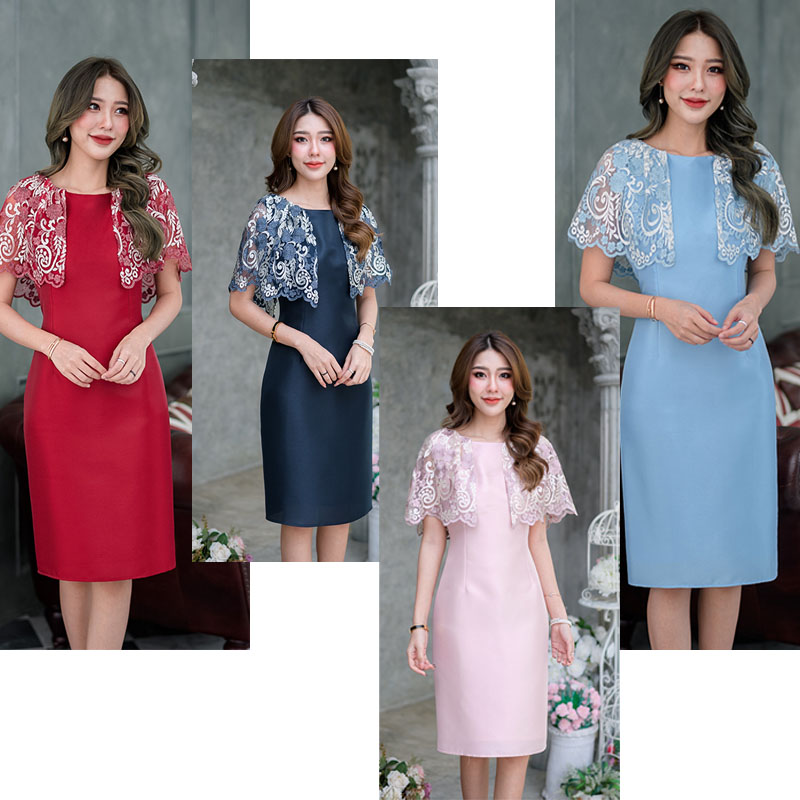 kudapy เดรสสั้นสีแดงเลือดหมู/สีฟ้า/สีกรม/สีชมพู เดรสผ้าไหมญี่ปุ่นดีไซน์ช่วงบนเป็นแบบงานผ้าลูกไม้เงาปักลาย ดีไซน์คลุมไหล่ระบายแบบเก๋ๆ