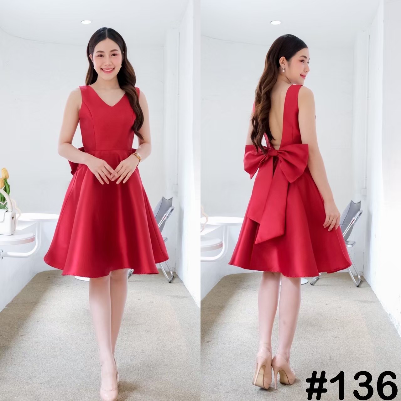 kudapy เดรสสั้น คอวี แต่งโบว์หลังยักษ์ ทรงกระโปรงฟรีสะโพก มาพร้อมกระเป๋าข้าง