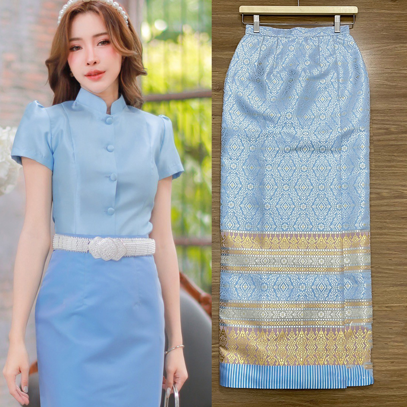 kudapy ชุดไทยสีฟ้าเสื้อ+ผ้าถุงทอลาย ชุดไทยจิตรลดาแขนสั้นสีฟ้าชุดไทยวันแม่ ชุดไปวันแม่ รีบจองเลยนะคะก่อนหมดจร้า