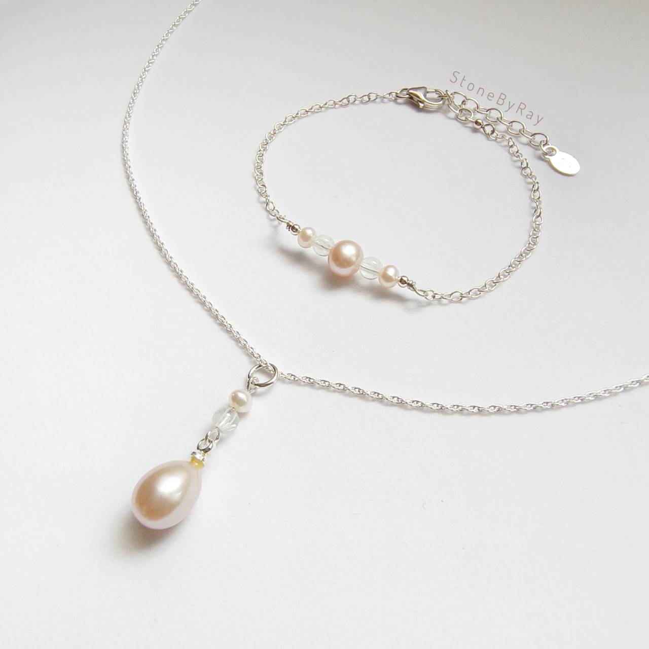 Setสร้อยคอเงินจี้ไข่มุกแท้กับหินมูนสโตน Pear&Moonstonel