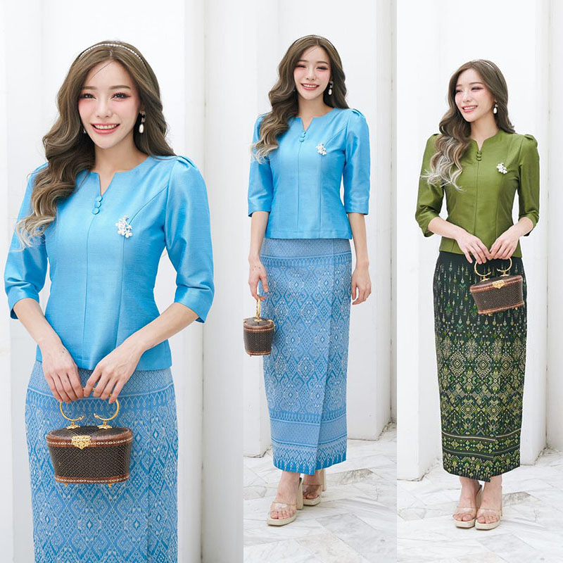 kudapy ชุดเซทชุดไทยประยุกต์สีเขียว/สีฟ้า งานไหม 3 เส้น 4 ตะกอ ใส่ออกงานสวยดูดี คุณนายมากๆ