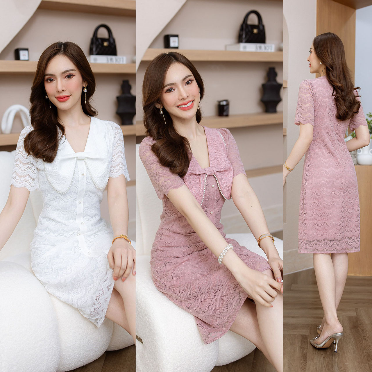 kudapy เดรสสั้นสีขาว/สีชมพูกะปิ ลูกไม้ ปกโบว์ล้อมมุก ตัวผ้าโบว์มีเทคเจอร์สวยบวกกับผ้าลูกไม้ เป็นซิปหลัง มีซับใน