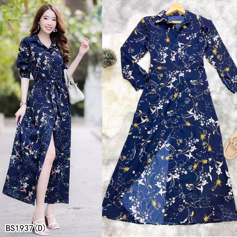 kudapyเดรสยาวสีชมพู/นา้ำตาล/เหลือง/กรม เชิ้ตแขนยาว ลายดอก งานเชิ้ตแต่งคอปกกระดุมช่วงหน้ายาว