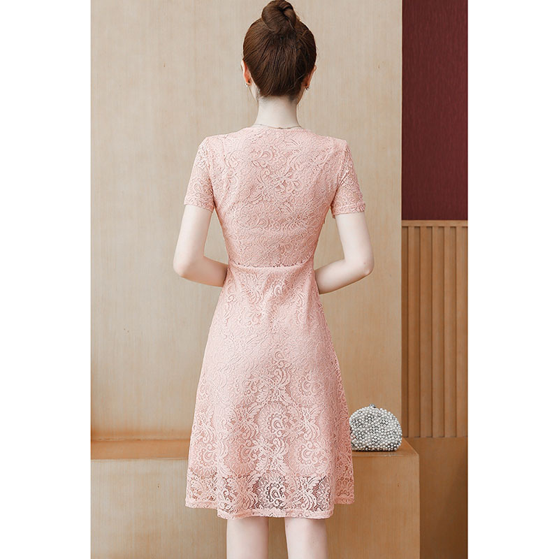 kudapy เดรสลูกไม้สีชมพูโอรส/สีครีม แขนสั้น กระโปรงทรงบานคลุมเข่า แนวเรียบร้อย สวย ดูดี ชุดเดรสทำงาน ชุดเดรสออกงาน