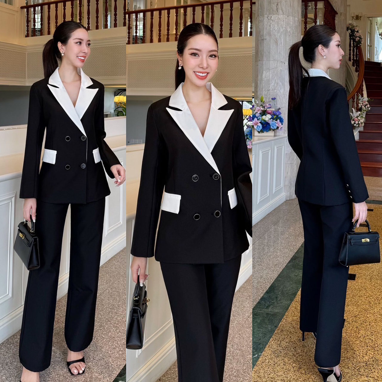 kudapy เซ็ทสูท สวยคลาสสิค ไซน์ทรงทันสมัย เพิ่มความหรูหราด้วยการแต่งสีทูโทน เสื้อแต่งกระดุมด้านหน้า 4 เม็ด มีซับในทั้งชุด เข้ารูปสวย