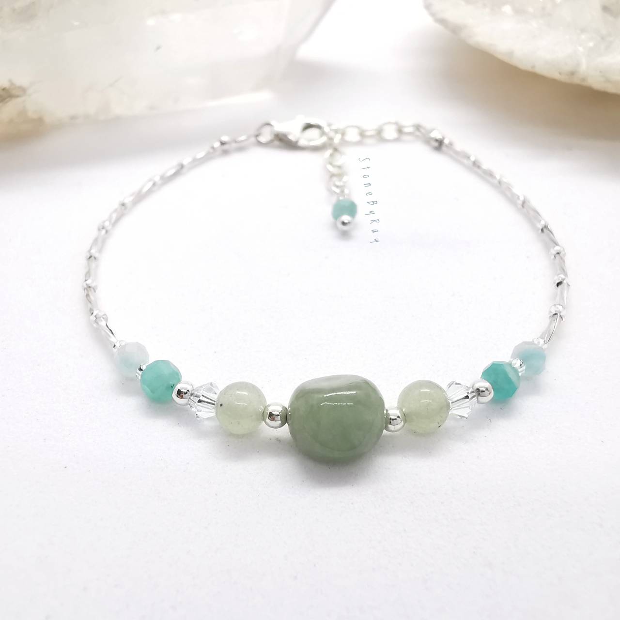 สร้อยข้อมือเงินหินอมาโซไนท์+หยก Amazonite+Jade