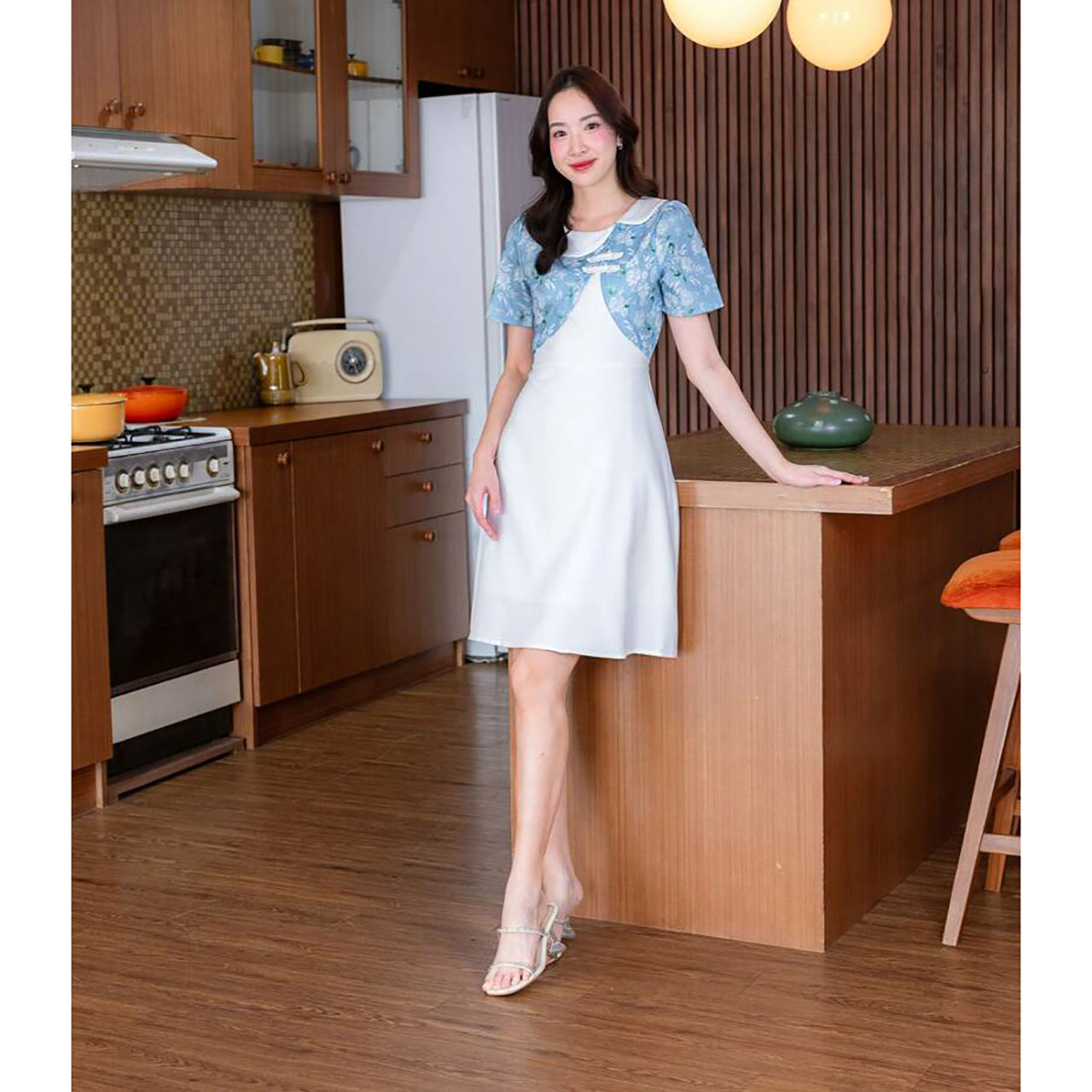 kudapy เดรสสั้นสีแดง/สีฟ้า ผ้าแจ็คการ์ดคอปก ใส่สบายสวยดูดีน่ารัก