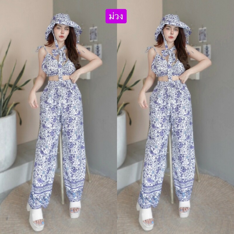 kudapy set 2 ชิ้น เสื้อสายเดี่ยว ผุกไหล่ พิมพ์ลาย + กางเกงขายาว ใส่เที่ยวทะเลชิลๆ