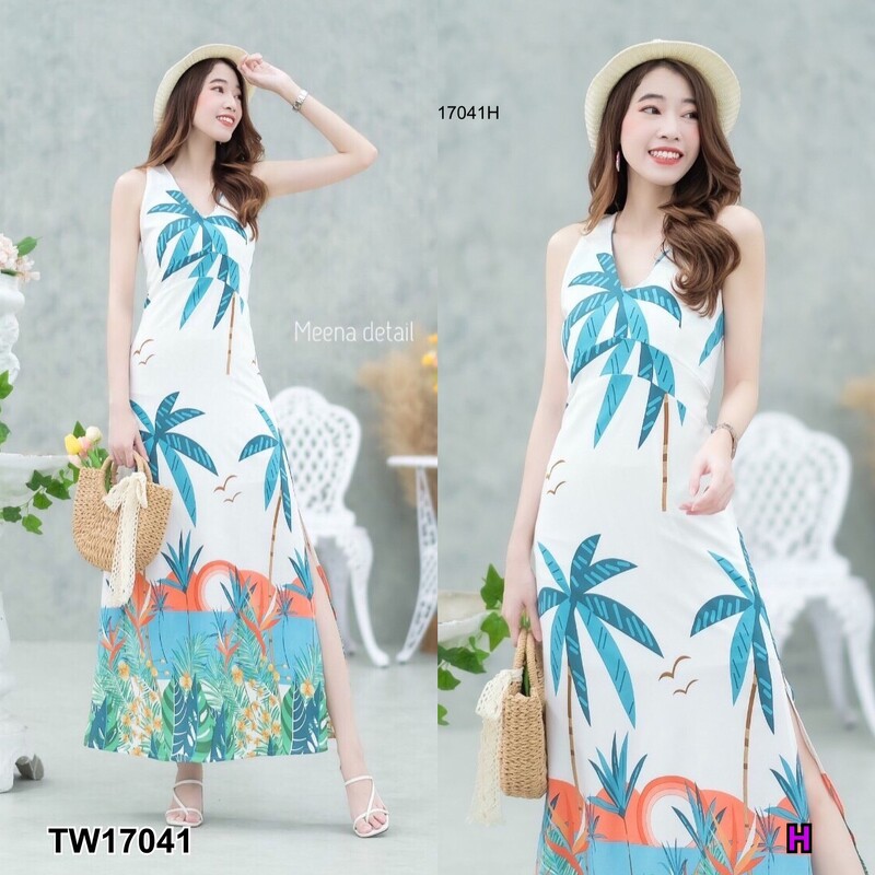 kudapy Maxi dress คอวีลายต้นมะพร้าวสุดชิคสีเขียว/สีขาว ดีเทลตัดต่อช่วงใต้อก สายไขว้ด้านหลัง ผ่าด้านข้าง 1 ข้าง