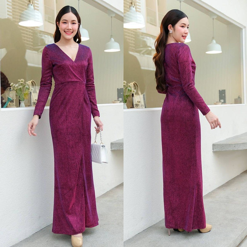 kudapy เดรสยาวสีแดงอมม่วง/สีเงิน/สีทอง/สีดำ/สีน้ำเงิน คอวี แขนยาว กระโปรงผ่าหน้า ทรงเข้ารูป รุ่นนี้ใส่ผอมสวยมากค่า ซิปหลังใส่ง่าย